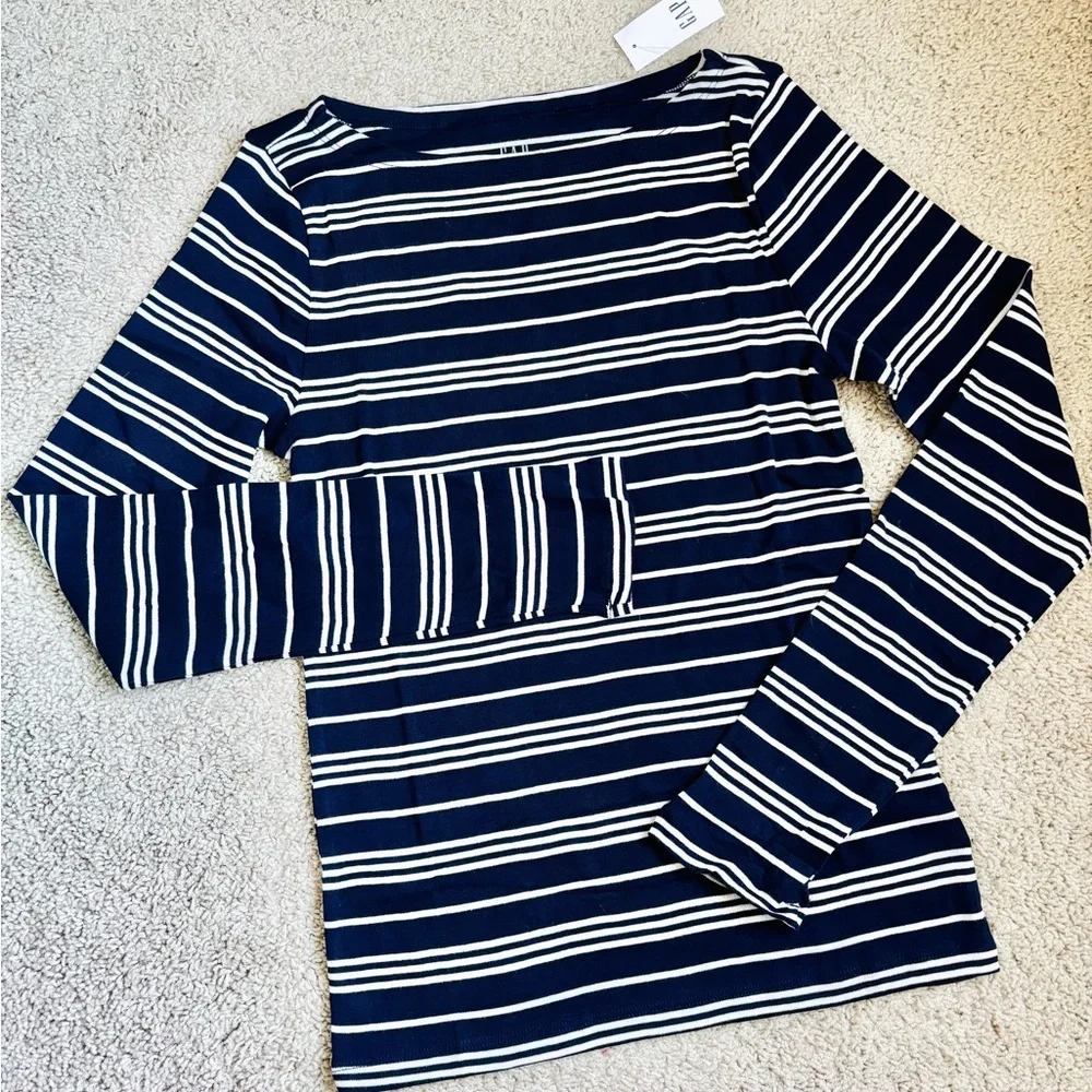 gap navy blue and white striped ribbed boatneck long sleeve t-shirt - Picture 5 of 13